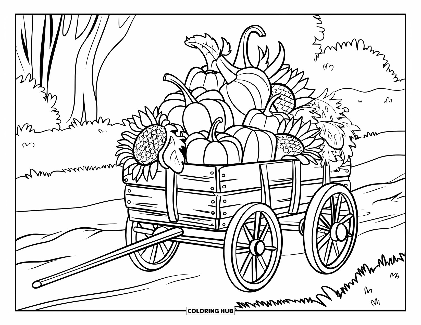 Desenho de outono para colorir para crianças: Uma carroça rústica repleta de abóboras, cabaças e girassóis em uma estrada de terra