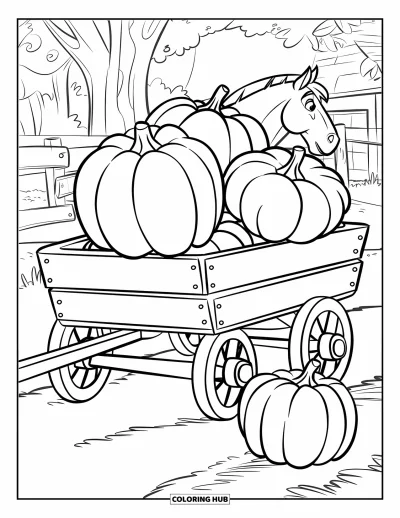 Coloriage d'automne pour enfants : Un chariot rustique plein de citrouilles gronde le long d'une clôture en bois et d'arbres