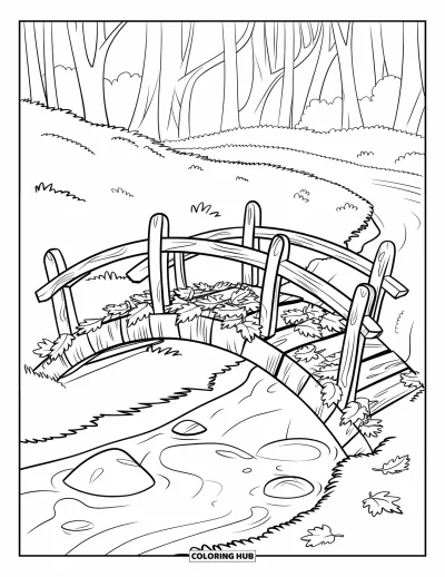 Coloriage d'automne pour enfants : Un pont rustique en bois couvert de feuilles traverse un ruisseau paisible dans une forêt tranquille