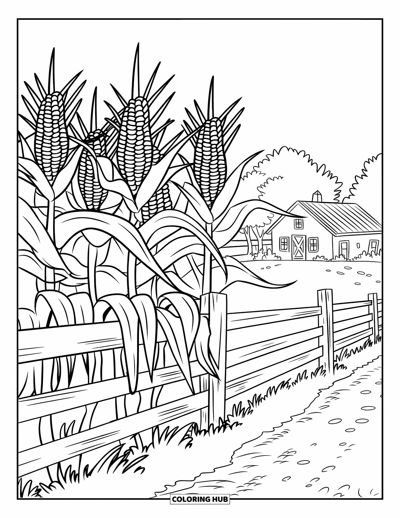 Desenho de outono para colorir para crianças: Uma cerca rústica de madeira separa um imponente campo de milho de uma casa de fazenda distante