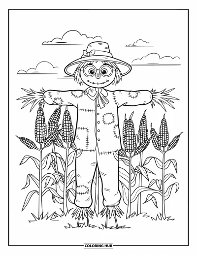 Coloriage d'automne pour enfants : Un épouvantail au nez en bouton et aux lunettes se tient dans un champ de maïs balayé par le vent