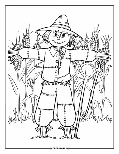 Coloriage d'automne pour enfants : Un épouvantail aux vêtements en lambeaux se tient dans un champ de hautes tiges de maïs