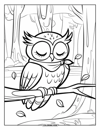 Coloriage d'automne pour enfants : Un hibou somnolent portant une écharpe est assis sur une branche, entouré de feuilles flottantes
