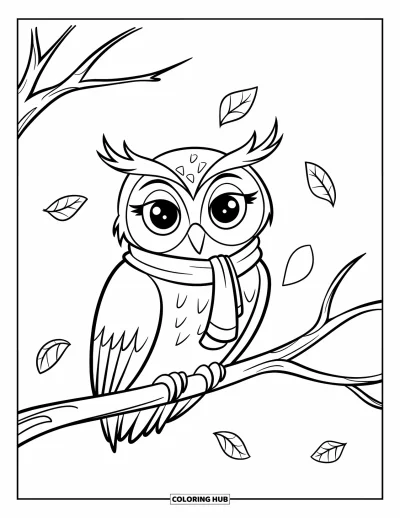 Coloriage d'automne pour enfants : Un hibou somnolent aux grands yeux se repose sur une branche, enveloppé dans une écharpe rayée