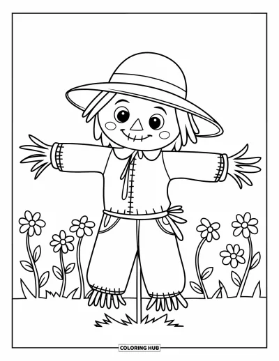 Coloriage d'automne pour enfants : Un épouvantail souriant avec un chapeau et des vêtements rapiécés se tient parmi de hautes fleurs