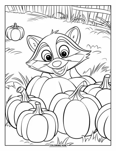 Coloriage d'automne pour enfants : Un raton laveur malin regarde derrière un groupe de citrouilles empilées