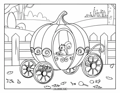 Coloriage d'automne pour enfants : Un carrosse-citrouille tiré par un écureuil se trouve près d'une clôture, avec des glands dispersés au sol