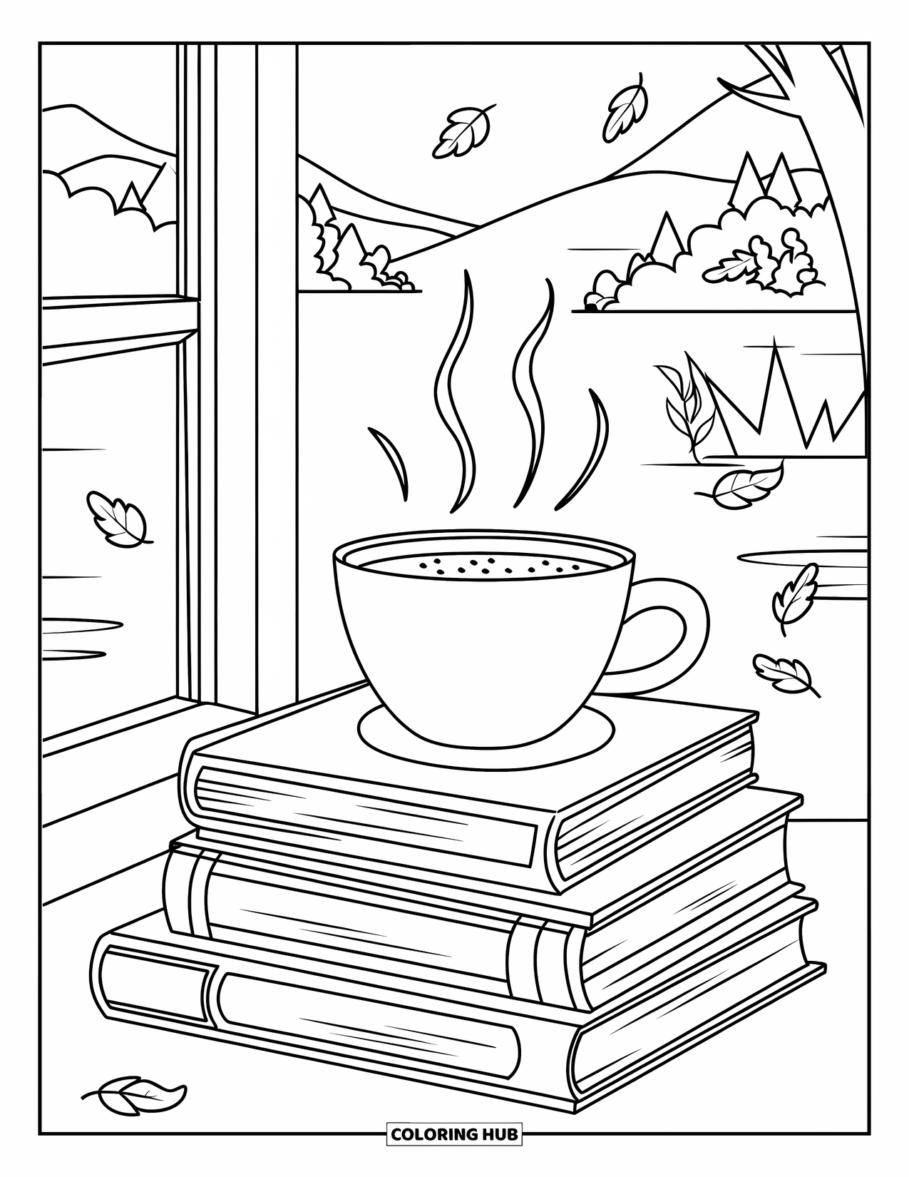 Desenho de outono para colorir para crianças: Uma xícara fumegante de chocolate quente fica em cima de uma pilha de livros ao lado de uma janela