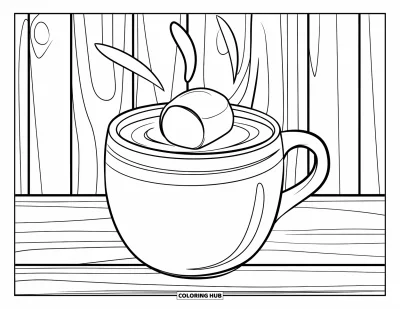 Coloriage d'automne pour enfants : Une tasse fumante de chocolat chaud avec une guimauve repose sur une surface en bois