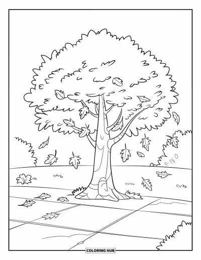 Coloriage d'automne pour enfants : Un arbre solide aux feuilles tombantes se tient seul dans un décor de parc