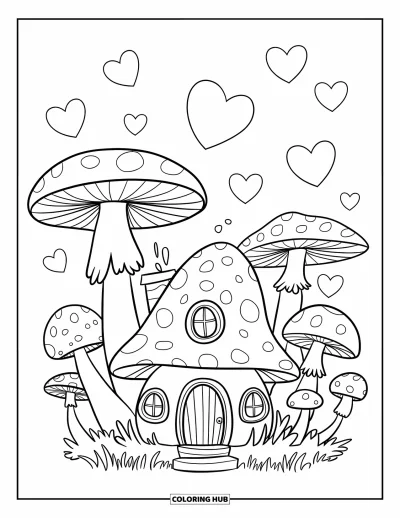 Coloriage d'automne pour enfants : Une toute petite maison en forme de champignon se trouve parmi d'autres champignons immenses et fantaisistes
