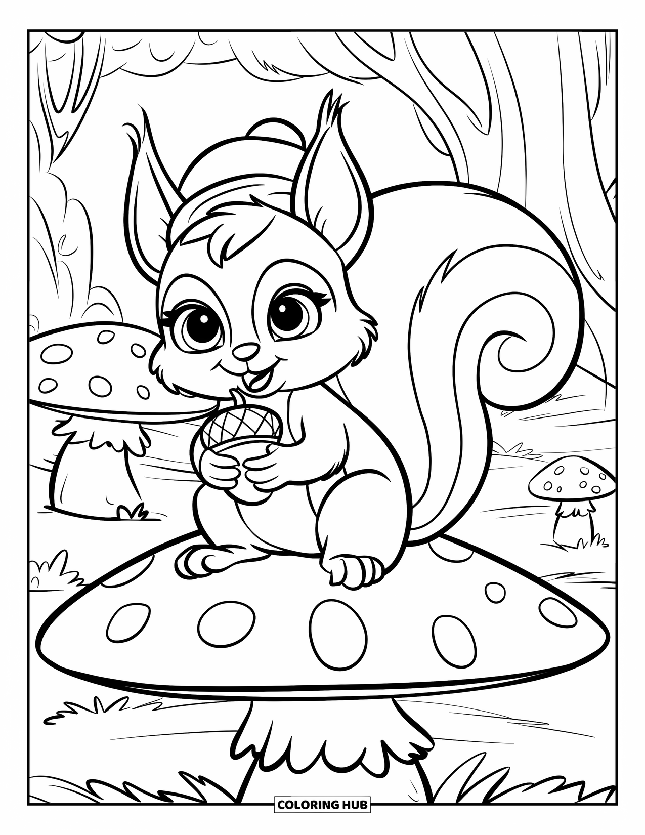 Desenho de outono para colorir para crianças: Um pequeno esquilo senta-se em um cogumelo grande, mastigando alegremente uma bolota