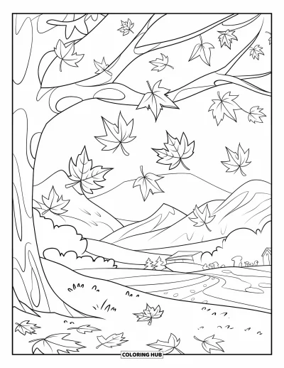 Coloriage d'automne pour enfants : Un arbre aux larges branches laisse tomber des feuilles orange, rouges et jaunes en automne