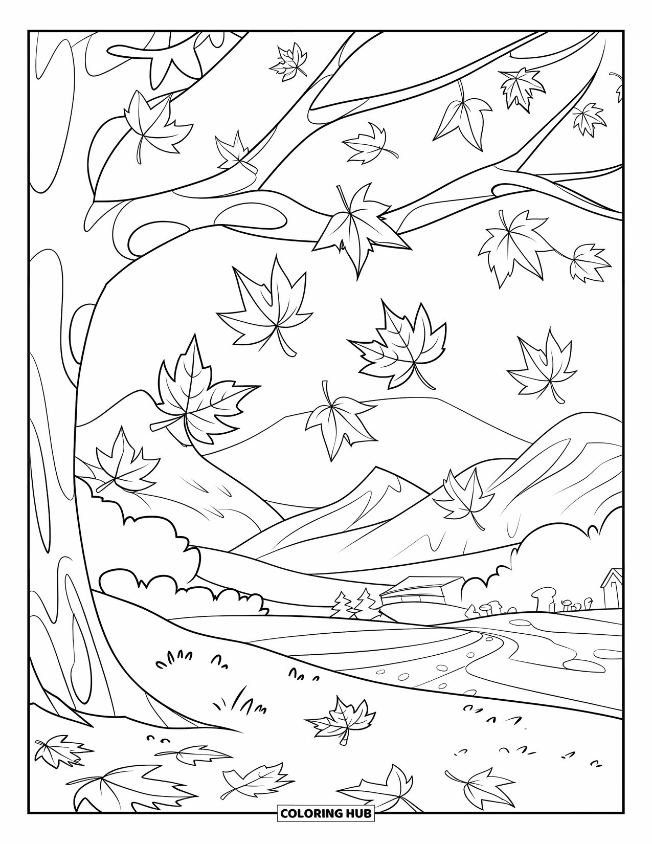 Desenho de outono para colorir para crianças: Uma árvore com galhos largos perde folhas laranja, vermelhas e amarelas no outono