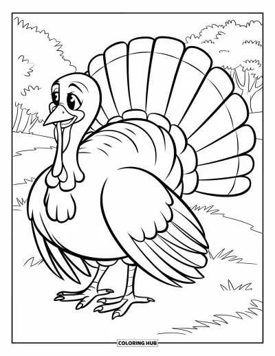 Coloriage d'automne pour enfants : Une dinde se tient fièrement dans un champ herbeux, ses plumes caudales largement déployées