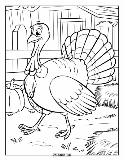 Coloriage d'automne pour enfants : Une dinde se promène près d'une ferme, entourée de citrouilles et de bottes de foin empilées
