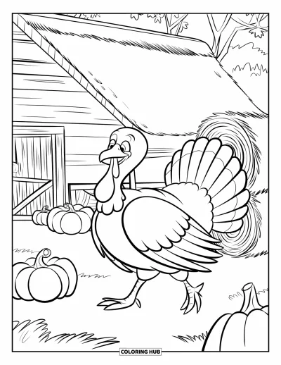 Coloriage d'automne pour enfants : Une dinde parade dans une cour de ferme, avec des citrouilles et du foin éparpillés