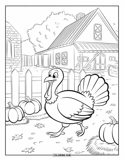 Coloriage d'automne pour enfants : Une dinde se promène près d'une clôture en bois, avec des citrouilles et des bottes de foin à proximité