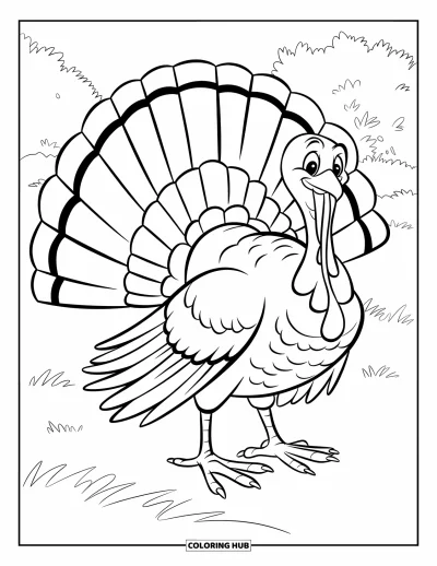 Coloriage d'automne pour enfants : Une dinde aux plumes caudales déployées se tient dans un champ herbeux, prête pour l'automne