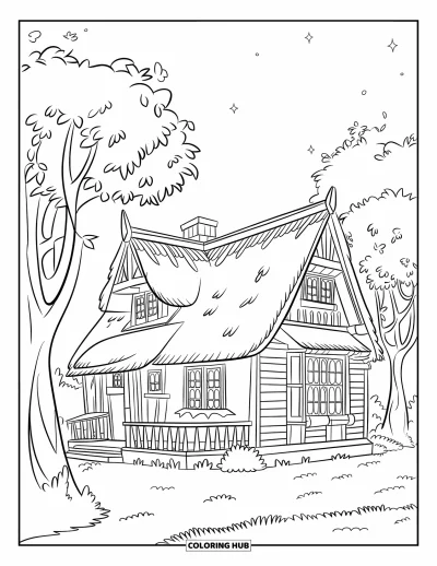 Coloriage d'automne pour enfants : Un cottage de style victorien brille d'une lumière chaleureuse, entouré de grands arbres et d'herbe douce