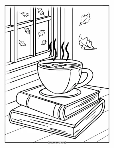 Coloriage d'automne pour enfants : Une boisson chaude repose sur une pile de livres, avec des feuilles qui dérivent dehors
