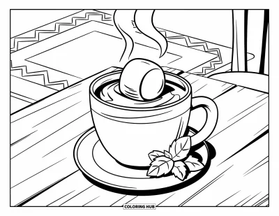 Coloriage d'automne pour enfants : Une boisson chaude avec un brin de menthe repose sur une table en bois dans une pièce confortable