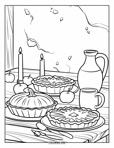 Coloriage d'automne pour enfants : Une table chaleureuse avec tarte à la citrouille, pommes et bougies invite à un repas réconfortant