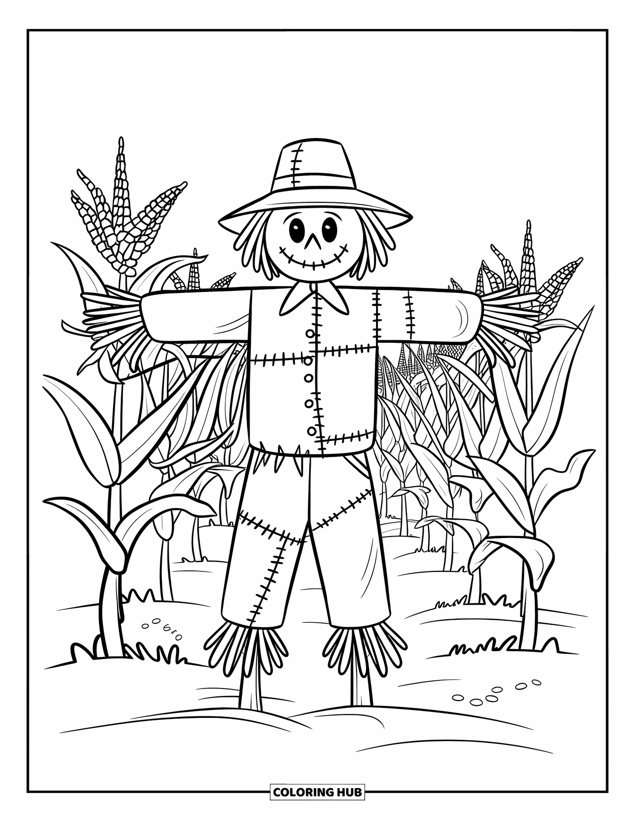 Desenho de outono para colorir para crianças: Um espantalho desgastado com um chapéu de palha observa um campo de milho assustador