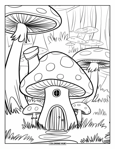 Coloriage d'automne pour enfants : Une maison-champignon fantaisiste avec une toute petite porte se trouve parmi d'immenses champignons