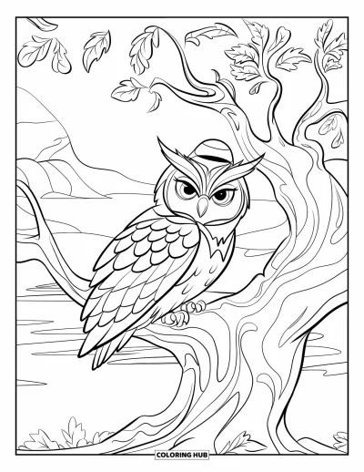 Coloriage d'automne pour enfants : Un hibou sage est perché dans un chêne ancien, avec des plumes superposées riches en détails