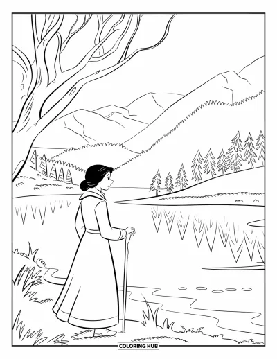Coloriage d'automne pour enfants : Une femme enveloppée dans une écharpe se tient près d'un lac brumeux, tenant un bâton de marche