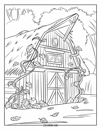 Coloriage d'automne pour enfants : Une grange en bois couverte de vignes grimpantes se dresse parmi des feuilles d'automne tombées