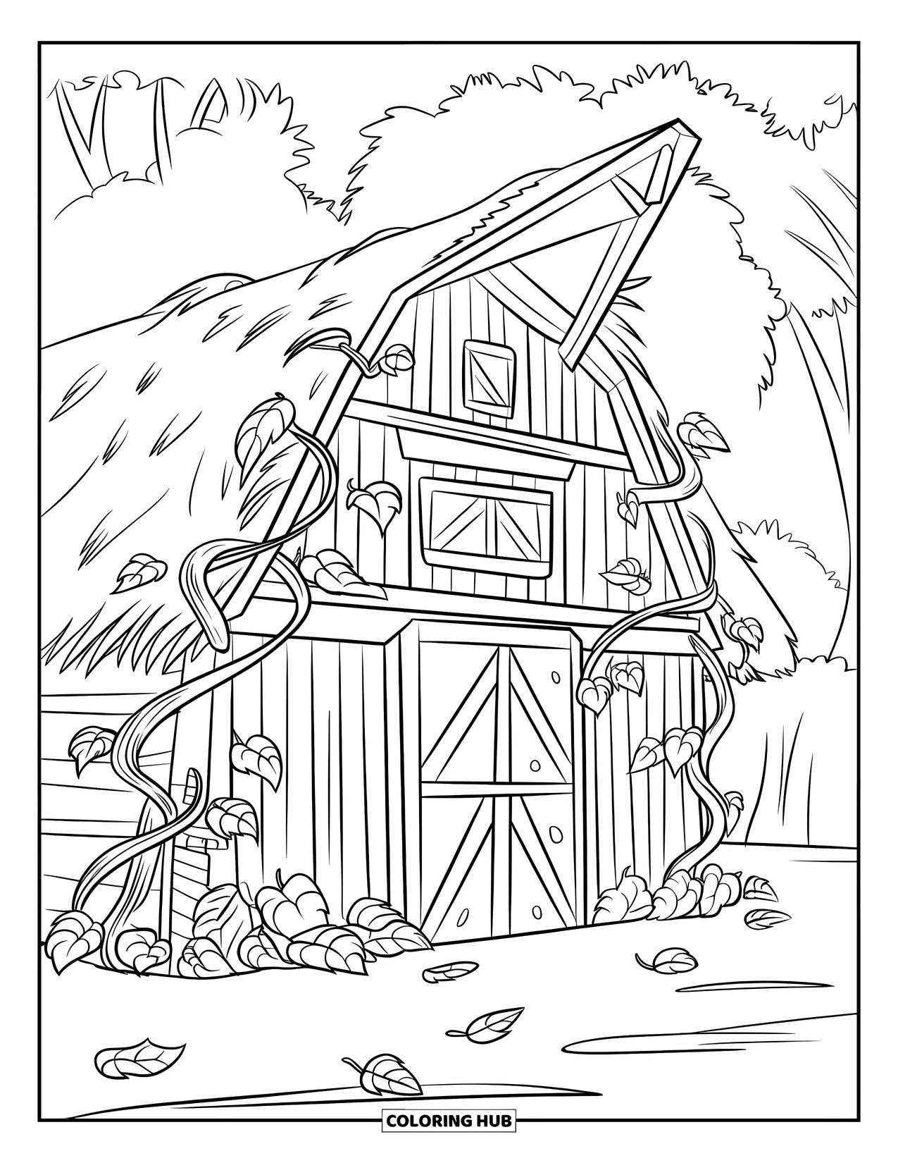 Desenho de outono para colorir para crianças: Um celeiro de madeira coberto de trepadeiras fica entre as folhas de outono caídas