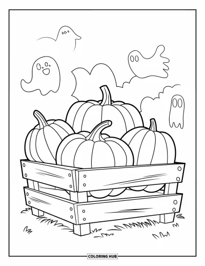 Coloriage d'automne pour enfants : Une caisse en bois est empilée de courges bosselées et de citrouilles rondes
