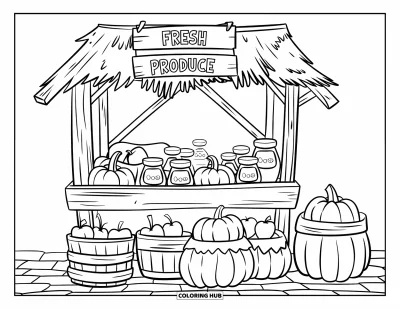 Coloriage d'automne pour enfants : Un étal en bois expose des produits frais avec une charmante enseigne peinte à la main