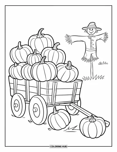 Coloriage d'automne pour enfants : Un chariot en bois rempli de citrouilles roule sur un chemin de campagne