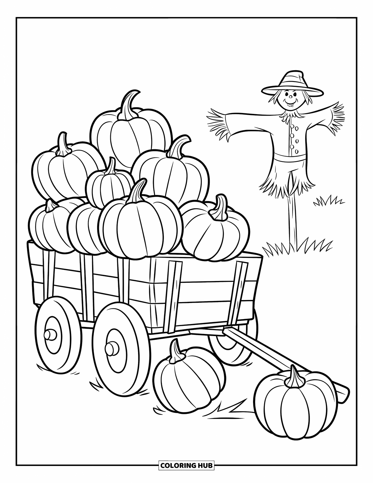 Desenho de outono para colorir para crianças: Uma carroça de madeira repleta de abóboras rola por um caminho rural