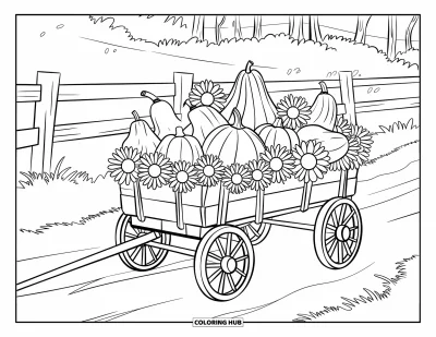 Coloriage d'automne pour enfants : Un chariot en bois rempli de tournesols et de courges se trouve près d'un chemin de campagne paisible