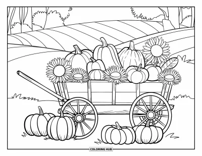 Coloriage d'automne pour enfants : Un chariot en bois empilé de citrouilles et de tournesols se tient dans un champ paisible
