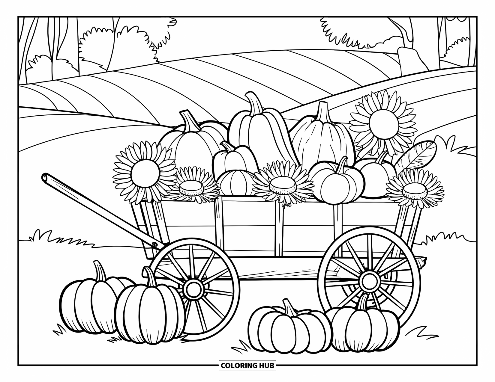 Desenho de outono para colorir para crianças: Uma carroça de madeira empilhada com abóboras e girassóis fica em um campo tranquilo