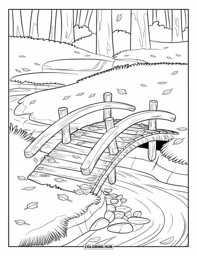 Coloriage d'automne pour enfants : Un vieux pont en bois parsemé de feuilles se cambre au-dessus d'un ruisseau qui coule dans les bois