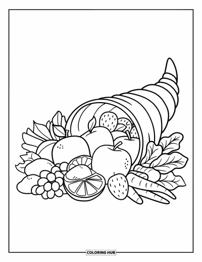 Coloriage d'automne pour enfants : Une corne d'abondance tressée déverse des fruits frais, des légumes et des feuilles d'automne tourbillonnantes