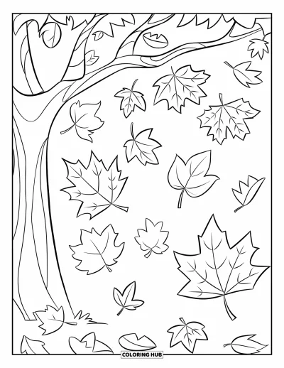 Coloriage d'automne pour enfants : Un arbre d'automne aux grandes feuilles se dresse fièrement pendant qu'elles tombent doucement au sol