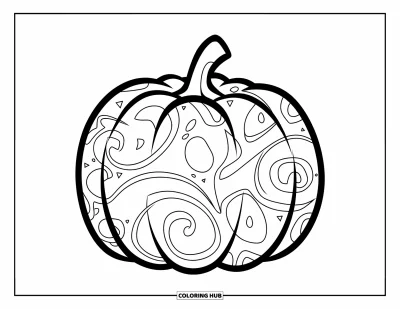 Coloriage d'automne pour enfants : Une citrouille finement sculptée avec d'élégantes volutes repose sur une surface en bois