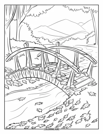 Coloriage d'automne pour enfants : Un vieux pont en bois avec des planches manquantes se dresse au-dessus d'un ruisseau calme en automne