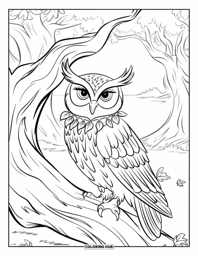 Coloriage d'automne pour enfants : Un hibou au col de feuilles se repose dans un vieux chêne, entouré de feuilles d'automne