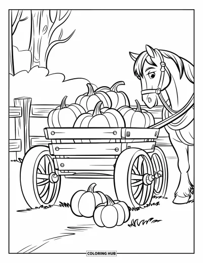 Coloriage d'automne pour enfants : Trois citrouilles tombent d'un chariot qui roule sur une route de campagne