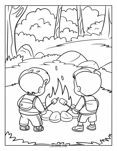 Coloriage d'automne pour enfants : Deux enfants sont assis autour d'un feu de camp crépitant, faisant griller des guimauves sous le ciel nocturne