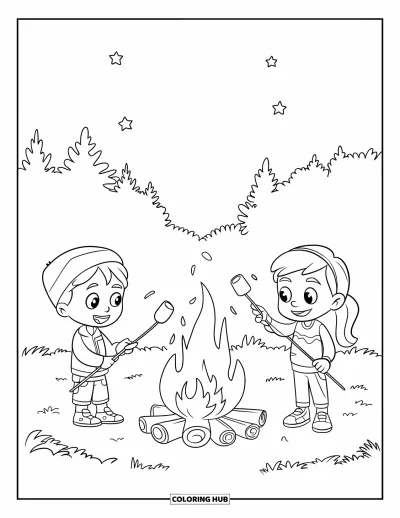 Coloriage d'automne pour enfants : Deux enfants sont assis près d'un feu de camp chaud, tenant des bâtons avec des guimauves au-dessus des flammes