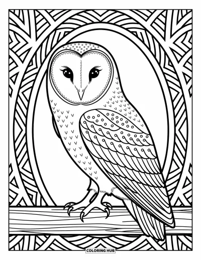 Coloriage d'animaux de la ferme pour adultes : Une chouette effraie aux plumes à motifs est assise calmement parmi d'élégants détails de fond